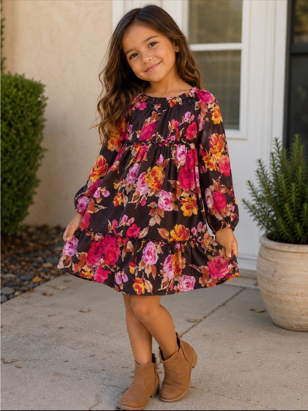 Lands' End Dark Floral Tiered Long-Sleeve Dress in Pink and Yellow
